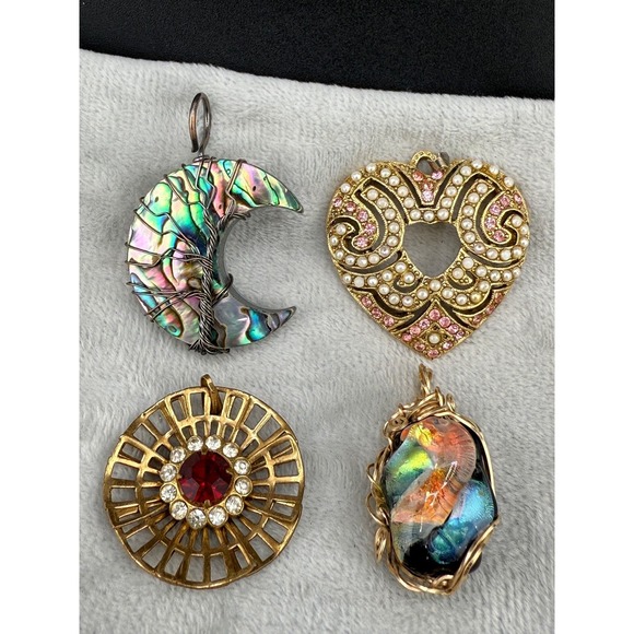 Vintage Pendant Lot Gold Tone Heart Abalone Moon